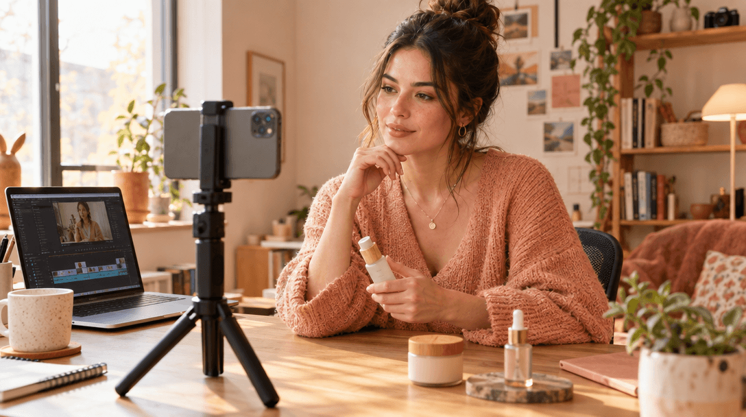 A creator filming a short video in a bright home studio, with a phone on a tripod and an editing laptop nearby.
